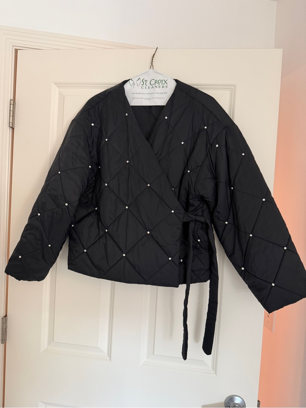 RHODE Black Quilted Wrap Puffer Jacket with Rhinestones